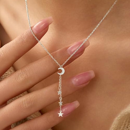 Dainty Crescent Moon Star Necklace for Women 925 Sterling Silver Y Shape Drop Lariat Necklace Trendy Pendant Choker Necklace Jewelry Birthday Ramadan Mothers Day Jewelry Gifts - color: Silver 2