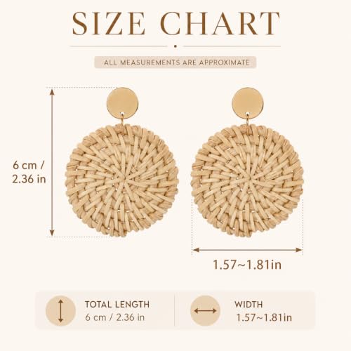 Handmade Raffia Rattan Bohemian Dangle Earrings for Women, Woven Rattan Round Drop Dangle Earrings Beach Jewelry - color: Round B