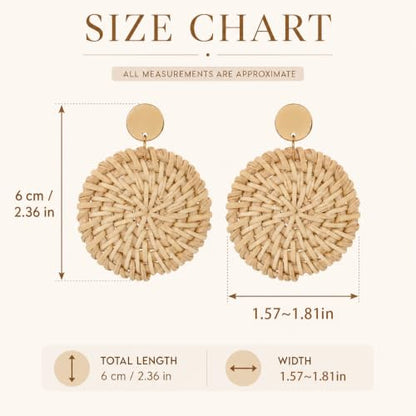 Handmade Raffia Rattan Bohemian Dangle Earrings for Women, Woven Rattan Round Drop Dangle Earrings Beach Jewelry - color: Round B
