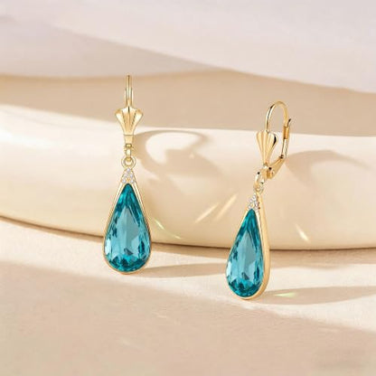 Teardrop Austrian Crystal Leverback Dangle Drop Earrings for Women | 14K Gold Plated,Classic Teardrop Elegance,Leverback for Easy Secure Wear,Gift Box Included, Brighten Up Daily and Party Looks - color: Aquamarine