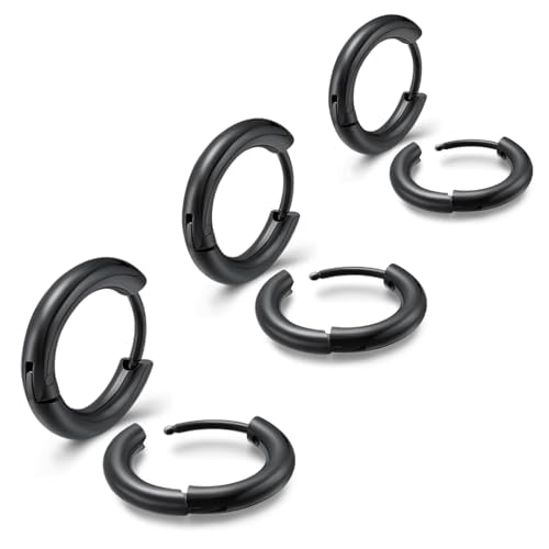 3 Pairs 316L Stainless Steel Small Black Silver Hoop Earrings 8mm 10mm 12mm Hypoallergenic Surgical Earring Cartilage Helix Lobes Hinged Sleeper Ear Jewelry For Men Women - color: black