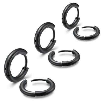 3 Pairs 316L Stainless Steel Small Black Silver Hoop Earrings 8mm 10mm 12mm Hypoallergenic Surgical Earring Cartilage Helix Lobes Hinged Sleeper Ear Jewelry For Men Women - color: black