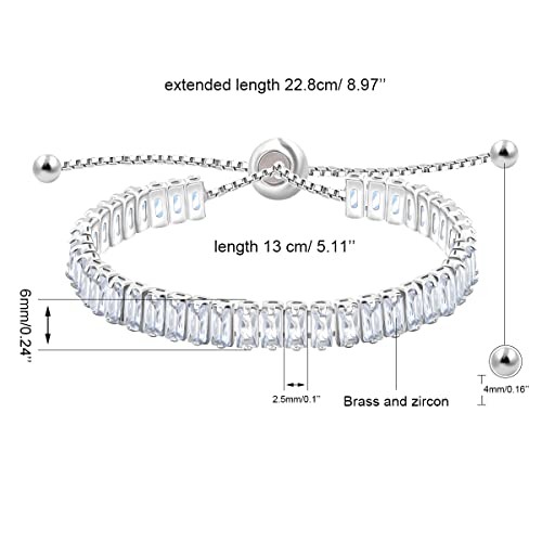 Uloveido Classic Emerald Cut Rectangular Cubic Zirconia Eternity Tennis Bracelet Adjustable for Women Y1788 - color: Platinum-white
