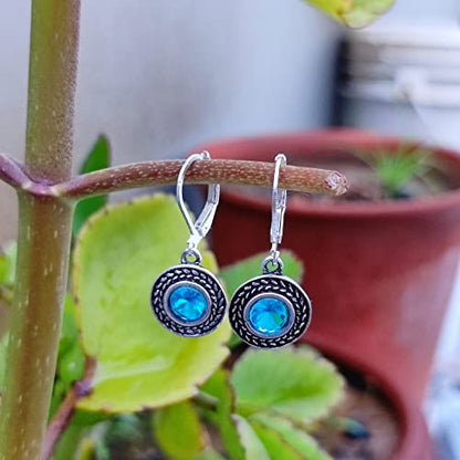 Handmade Sterling Silver Boho Crystal Dangle Leverback Earrings For Women - color: Turquoise