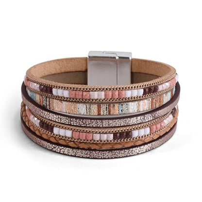 Wrapped Bracelets for Women,Leather Boho Bracelets for Women - color: Boho-Khaki