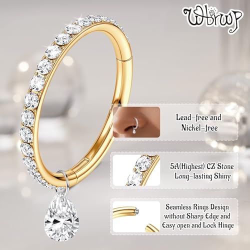 WBRWP 316L Stainless Steel Nose Hoop Rings Clicker with Zircon/Opal 14g-20g | Hypoallergenic Nose Rings Segment Clicker Lip Rings Cartilage Rook Conch Earrings Diameter 5mm-10mm - color: Gold ring with zircon and dangle-1pc pack