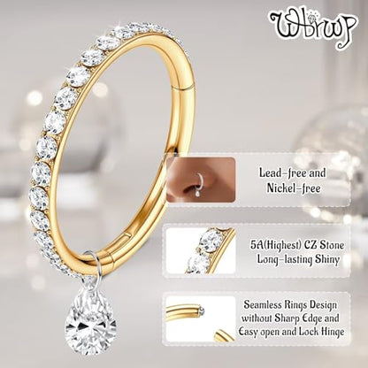 WBRWP 316L Stainless Steel Nose Hoop Rings Clicker with Zircon/Opal 14g-20g | Hypoallergenic Nose Rings Segment Clicker Lip Rings Cartilage Rook Conch Earrings Diameter 5mm-10mm - color: Gold ring with zircon and dangle-1pc pack