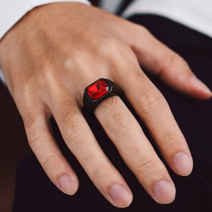 Cubic Zirconia Rings for Men Women Stainless Steel Birthstone Ring Square Cut Statement Jewelry Size 7-14 - color: Black-Ruby Stone, size: 10