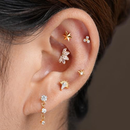 FINE4U 1PC ASTM F136 Titanium 16G Flatback Stud for Tragus, Helix, Conch 6mm 8mm - Screw on Cartilage Earring Piercing Jewelry - color: Flower CZ - Gold