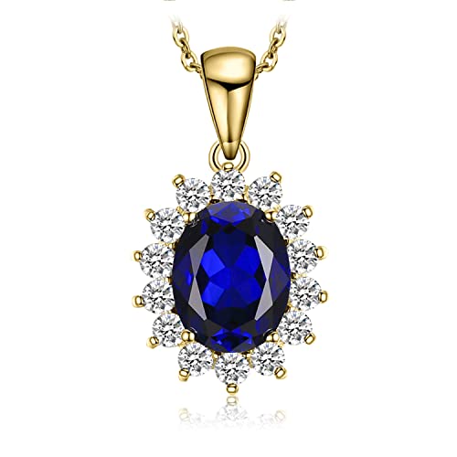 JewelryPalace Princess Diana Kate Middleton Natural Amethyst Citrine Garnet Peridot Topaz Created Ruby Sapphire Simulated Emerald Pendant Necklace for Women, 925 Sterling Silver Gemstone Jewelry Set - color: B-Yellow Gold Plated-sapphire