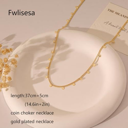 Gold Choker Necklace for Women, Dainty Gold Necklace 14k Gold Plated Simple Coin Butterfly Choker Necklaces for Women Trendy Charm Cute Non Tarnish Gold Necklace Fashion Waterproof Jewelry - color: C-Gold