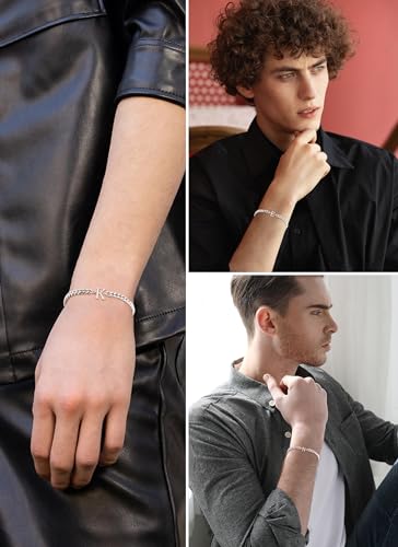 Initial Bracelet Matching Couple Bracelets Silver Letter A-Z Stainless Steel Cuban Link Chain Mens Bracelets Christmas Birthday Gifts for Men Women Him Teens Best Friends Husband Dad Son - color: N