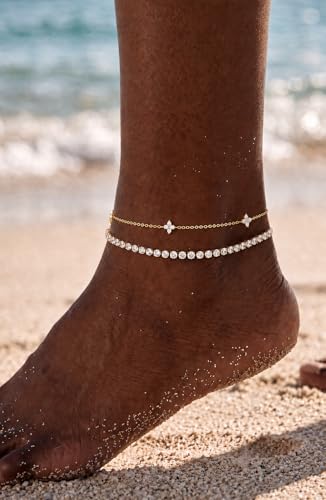 Robaice Adjustable Ankle Set for Women Waterproof, 14K Gold Plated | Layered Cuban, tennis, herringbone and clover chain styles, waterproof and non-tarnish for everyday wear or gifting - color: Tennis & Clover - Gold (2pcs)