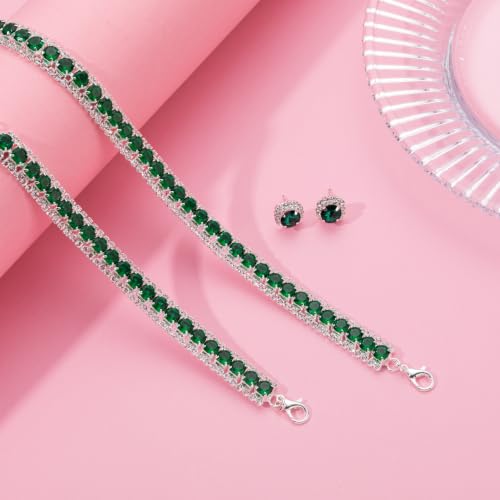 Women Rhinestone Crystal Jewelry Set Crystal Tennis Design Rhinestone Choker Necklace Link Bracelet Teardrop Earrings Set Wedding Bridal Bridesmaids Party - color: Green (Silver)