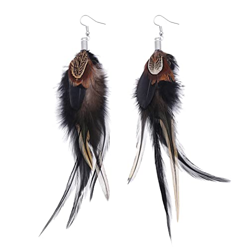 Bohemian Pheasant Peacock Long Feathers Statement Earrings Handmade Natural Lightweight Feather Dangle Earrings for Women (ea000071) - color: Black