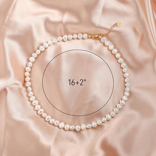 PEARLADA Turquoise Beaded Choker Necklace Chakra Stone Necklace Adjustable - color: White Freshwater Pearl 6-6.5mm