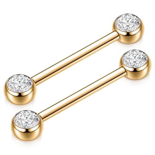 AROWRO Nipple Piercing Jewelry Nipple Rings Titanium Nipple Rings Implant Grade Hypoallergenic 14G Internally Threaded Straight Barbells with Cubic Zirconia Opal Gold Silver Rose Gold Black 12mm 14mm 16mm 18mm 20mm - color: Gold+Clear CZ