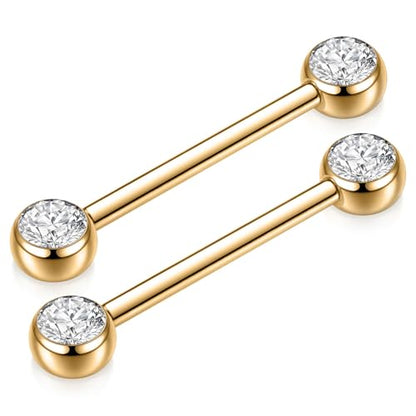 AROWRO Nipple Piercing Jewelry Nipple Rings Titanium Nipple Rings Implant Grade Hypoallergenic 14G Internally Threaded Straight Barbells with Cubic Zirconia Opal Gold Silver Rose Gold Black 12mm 14mm 16mm 18mm 20mm - color: Gold+Clear CZ