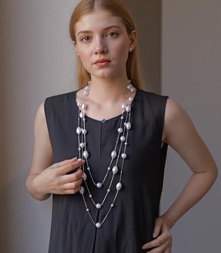 Errally Long Pearl Necklace and Earring Set Layered Pearl Beaded Necklaces for Women White Costume Jewelry Sets Gifts for Mom - color: Faceted Oval