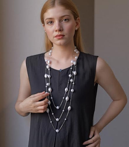 Errally Long Pearl Necklace and Earring Set Layered Pearl Beaded Necklaces for Women White Costume Jewelry Sets Gifts for Mom - color: Faceted Oval