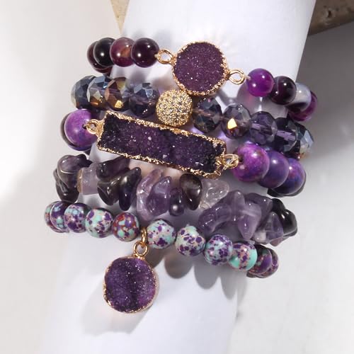 Yomisa 5PCS 6PCS Natural Boho Beaded Bracelets/Bangle for Women Men,Healing Turquoise Jasper Agate Crystal Gemstone Stone Chakra Multilayer Wrap Bohemian Handmade Jewelry Beads Stretch Bracelet Set - color: 5PCS-Purple