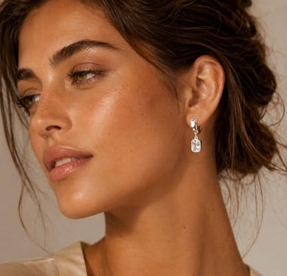 Gold Chunky Dangle Earrings for Women, Bezel Set Cubic Zirconia Charm | 14K Gold Silver Plated, Statement Huggie Hoops Drop Earrings, Trendy Jewelry Gifts, High Grade CZ, Hypoallergenic Lightweight - color: SL-Rectangular CZ Hoop