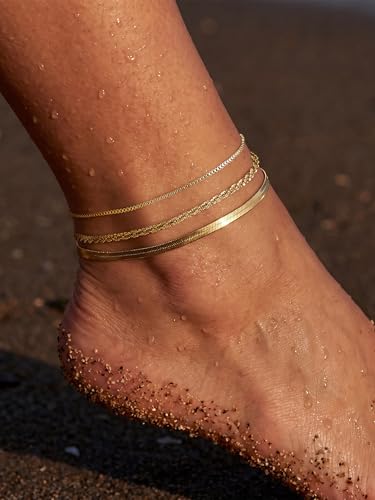 14K Gold/Silver Plated Anklets for Women Layered Anklet Set | Non Tarnish Waterproof Brass Ankle Bracelet, Adjustable Lightweight Dainty Hypoallergenic Chain, Beach Vacation Summer Gift - style: Style2