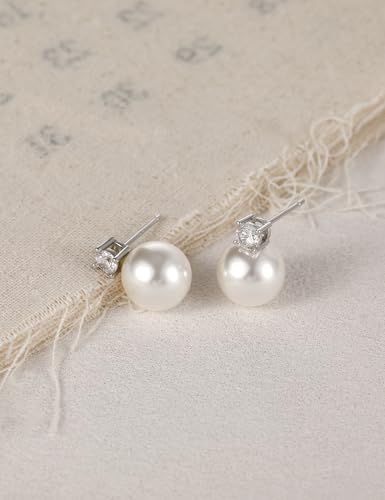 Pearl Earrings for Women 925 Sterling Silver 10MM CZ Pearl Stud | Cubic Zirconia, Dainty Simulated White Pearl Stud Drop Earring, Engagement Wedding Bridal, Hypoallergenic - size: 10MM