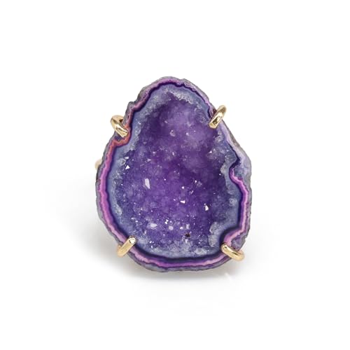Elegant Geode Druzy Gemstone Statement Ring for Women, Adjustable Ring, Gold Plated Stone Size 20-25mm - color: Purple, style: 1