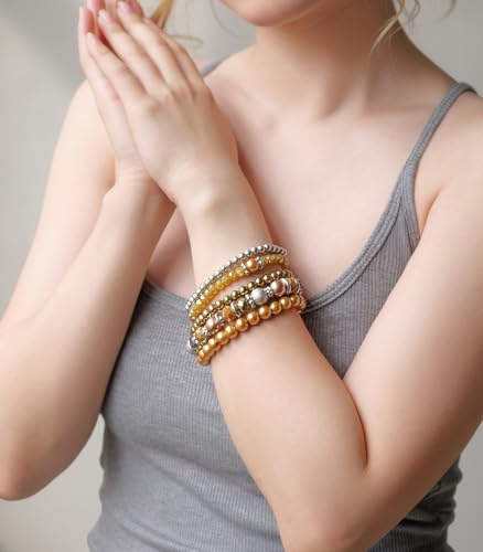 Noessla Beaded Pearl Stretch Bracelet Silver Stackable Crystal Beads Bracelets Trendy Costume Jewelry Mothers Day Gifts for Women - color: Champagne