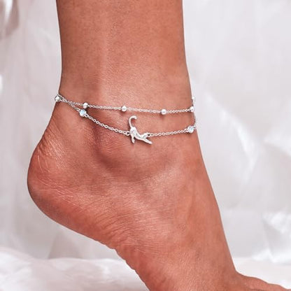 CHIC & ARTSY 925 Sterling Silver Ankle Bracelets for Women, Adjustable Layered Foot Chains with Nature & Symbol Charms, Lightweight Comfort Fit Boho Beach Everyday Jewelry - color: # Cat Anklet