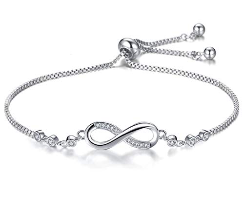 Nilu's Collection Infinity Shape Cubic Zirconia Diamond Bracelet for Women, Jewelry for Gift, Adjustable Charm Bracelet (Rose Gold Necklace + Bracelet) - color: Silver