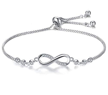 Nilu's Collection Infinity Shape Cubic Zirconia Diamond Bracelet for Women, Jewelry for Gift, Adjustable Charm Bracelet (Rose Gold Necklace + Bracelet) - color: Silver