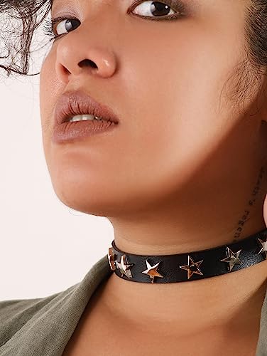 Sacina Gothic Punk Star Necklace, Black PU Leather Choker, Unisex, Zinc, Costume Jewelry, Adjustable 16.1 inches, Halloween New Year Gift