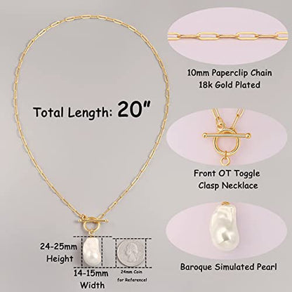 Aobei Pearl 18K Gold Plated Moon Star Lion Evil Eye Love Heart Cross Pendant Necklace Medallion Paperclip Chian Choker Layering Jewery for Women - color: White Baroque Pearl