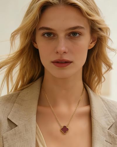 Four Leaf Clover Necklace 18K Gold Plated Necklaces for Women Lucky Flower Pendant Adjustable Link Chain Stainless Steel Dainty Trendy Simple Jewelry Gifts for Women - color: 1G-Red