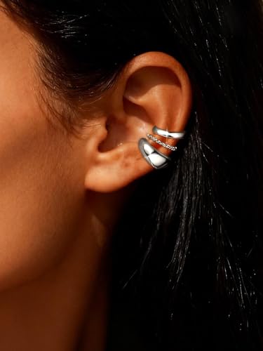 Ear Cuffs Non Piercing Hypoallergenic Gold Plated Ear Cuff Earrings for Women Trendy Clip On Cartilage Earring Set Dainty Adjustable Fake Piercings Earrings Fashion Accessories - color: B:3pcs silver ear cuffs