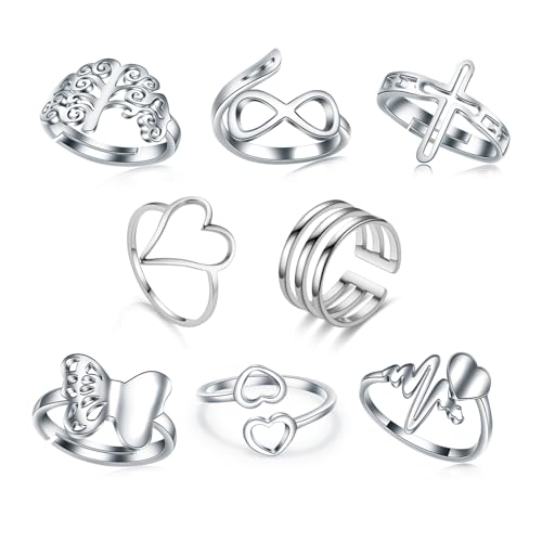 Loqimu 8 Pack Stainless Steel Rings Set for Women Silver Aesthetic Jewelry Rings Adjustable Stackable Rings for Teen Girls Trendy Knuckle Thumb Finger Rings Size 8 9 7 10 Indie rings - color: Silver 1
