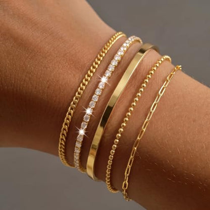 Dainty Gold Bracelet for Women Trendy Non Tarnish, Thin Bracelets Stackable Set with Bangle Cuff, Box, Herringbone, Paperclip, Figaro, Sparkling Link Chains Waterproof, Simple Jewelry Gifts for Women - color: Gold-tennis/cuban/bangle/paperclip/Beaded