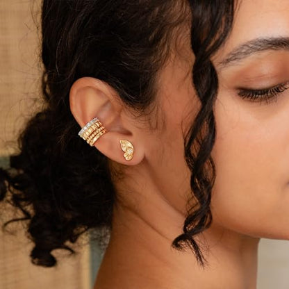 Sparkle Ear Cuff for Women, Non Piercing Single | 14K Gold Plated Brass, Clear Cubic Zirconia Accents, Fixed 3.8-3.9 mm Opening, Single Non-Piercing Cuff For Ear Stacks - style: Cubes Beaded