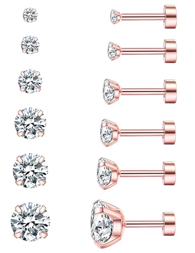 6 Pairs Hypoallergenic Cubic Zirconia Earrings Surgical Steel Flat Back Studs for Cartilage, Screw Back Fashion Jewelry - color: A-003-Rose Gold