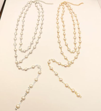Colorful Crystal Long Necklace for Women Dainty Boho Y-Shaped Color Bead Necklaces Sparkly Rhinestone Pendant Layered Gold Long Chain Choker Good Luck Trend Jewelry Gift Jewelry - color: Double Layer Pearl Silver