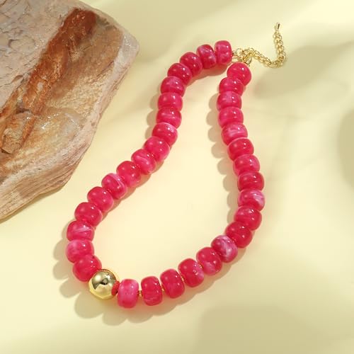 Badu Colorful Chunky Beaded Choker Necklace, Acrylic Colorful Bead Statement Necklaces, Adjustable Summer Beach Jewelry Gift for Women - color: Red