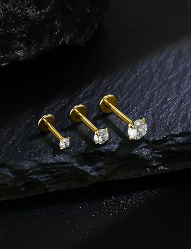 16G Internal Thread Flat Back Earrings Nose Studs 316L Surgical Steel Tragus Forward Helix Conch Cartilage Lobe Earrings Stud Medusa Labret Monroe Lip Ring Piercing Jewelry For Women Men