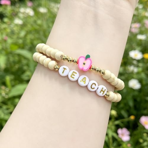 Teacher Appreciation Bracelet Gifts for Women, Stone Beaded Stretch Bracelets Set Thank You Teacher Gifts Retirement Teachers' Day Jewelry - color: Bracelet Wooden Lanyard Set