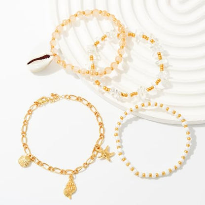 LALAPPLE Shell Bracelet Boho Beaded Stretch Bracelets for Women Seashell Strand Bracelets Starfish Charm Jewelry Summer Beach Jewelry Stackable Crystal Gold Plated Beads Bracelet for Women - style: T-Style3