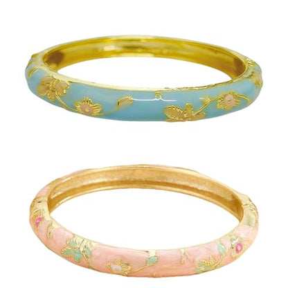 Cloisonne Bracelet For Women, Chunky Bangle Trendy Cute Flower Enamel Bangles Multi Tone Engraved Cuff Gold Plated Bracelets Stackable Wife Jewelry Friendship Gift - color: Blue&Pink Set