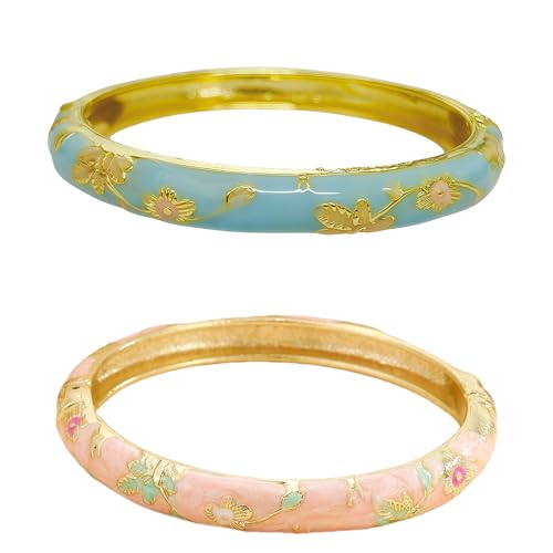 Cloisonne Bracelet For Women, Chunky Bangle Trendy Cute Flower Enamel Bangles Multi Tone Engraved Cuff Gold Plated Bracelets Stackable Wife Jewelry Friendship Gift - color: Blue&Pink Set