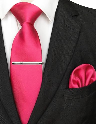 JEMYGINS Mens Solid Color Formal Necktie and Pocket Square, Tie Clip Sets - color: Deep Pink