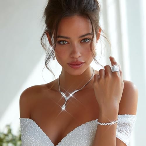 Bridal Wedding Jewelry Set Silver Rhinestone Necklace Earrings Sets Formal Costume Jewelry for Women and Brides - color: A-Black